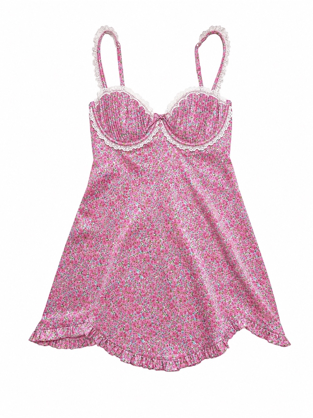 For Love & Lemons Floral Bustier Mini Slip Dress Pink Lace Trim Large